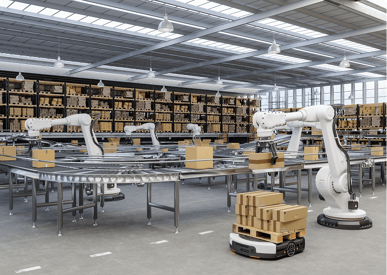 Industrial robots organizing boxes on conveyor belts